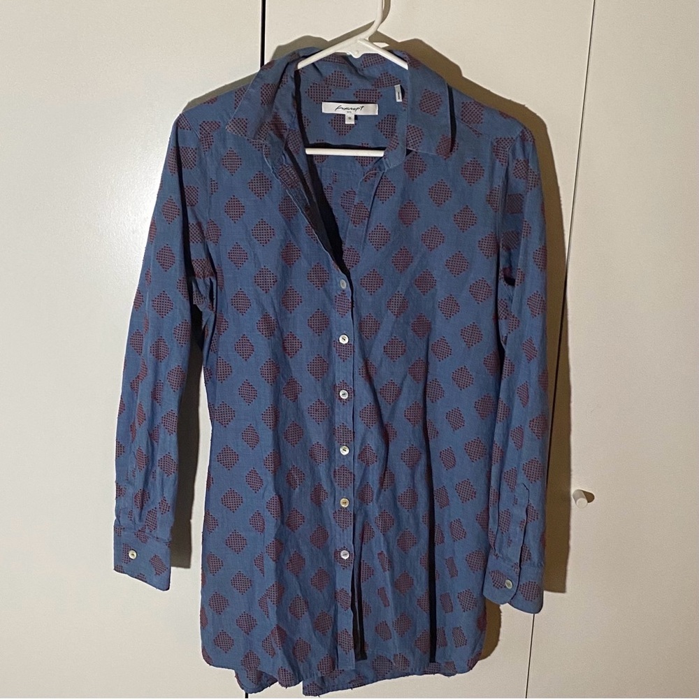 Foxcroft Tunic-Style Button Up Shirt. Blue with Red Embroidery Detail. Size 10